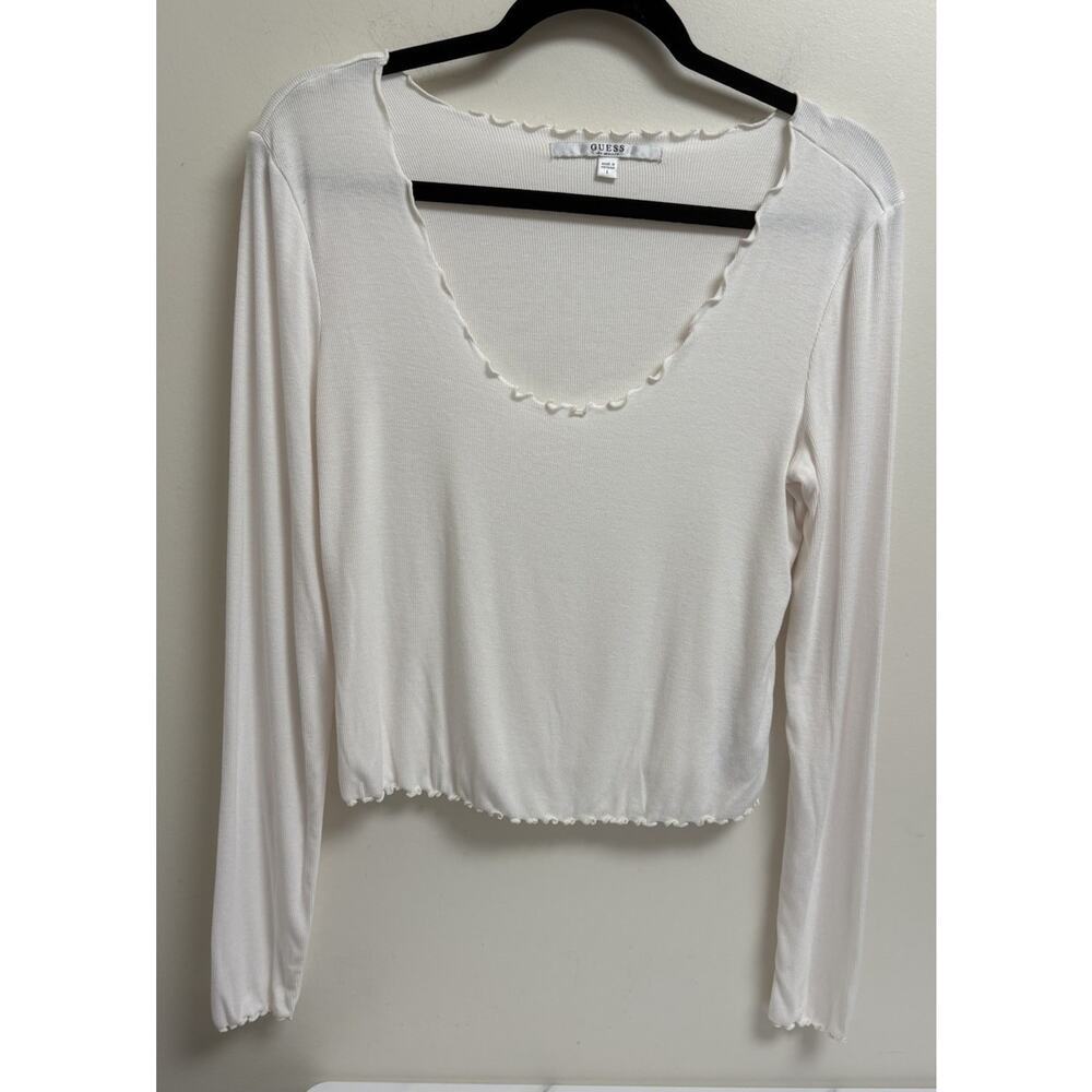 Guess Women’s Top Size Large L Cream Long Sleeve Lettuce‎ Hem Ribbed Knit Shirt
